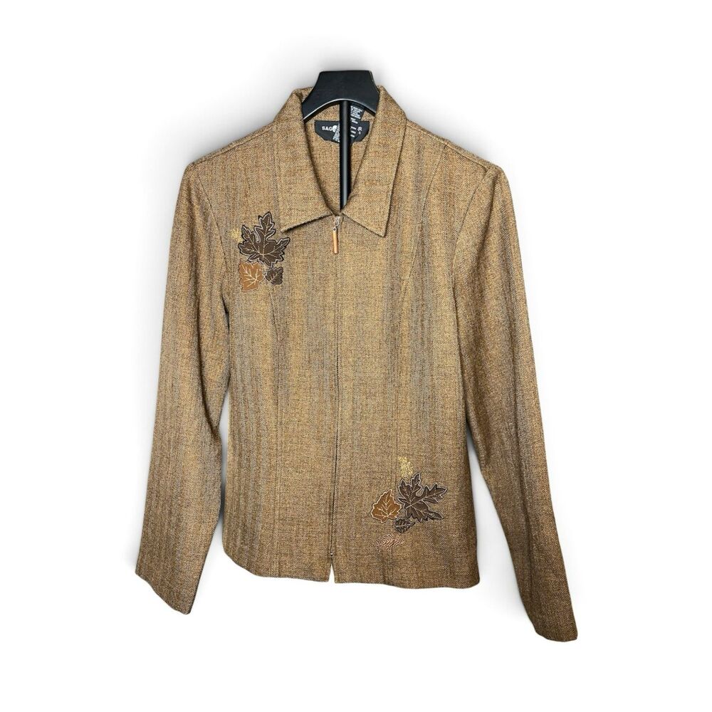 Sag Harbor Womens Size 12 Brown Herringbone Jacket Fall Leaf Applique Zip Front